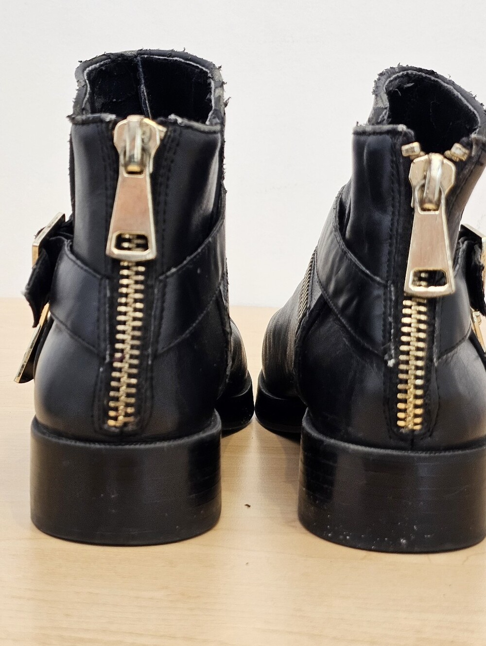 ZARA Black Leather Ankle Boots with Gold Zip Detail - Size 8.5